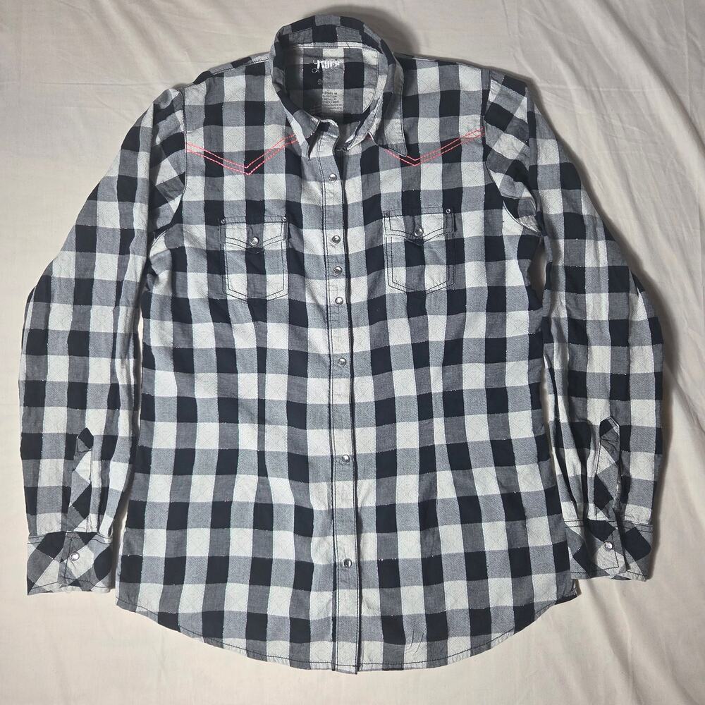 Rock 47 by Wrangler Womens L Buffalo Plaid Western Shirt Embroidered Snap